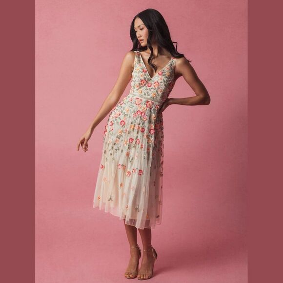 Mac Duggal 5527 Size 6 Ivory White Floral Beaded Sequined V-Neck Midi Gown Dress - Picture 3 of 7